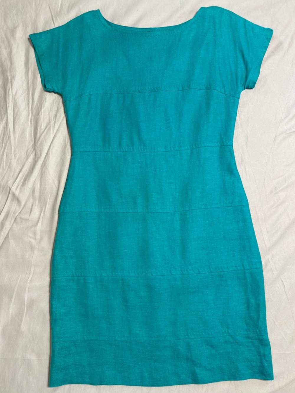 Banana Republic 100% Linen Cap Sleeve Tier Stitch Turquoise Sheath Dress Sz 4Pet